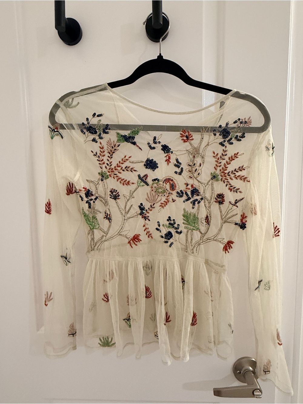 Zara Embroidered Sheer Peplum Top - Cream